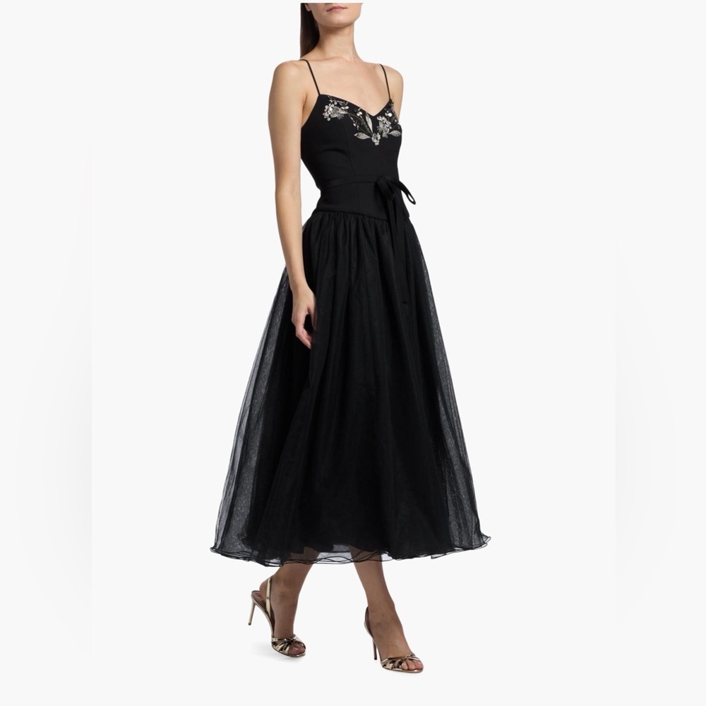 Cinq à Sept Black Freddie Embroidered Tulle Midi-Dress
